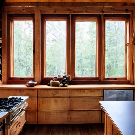 Prompt: a shelf of cookbooks in a house with large windows in the middle of the woods, photograph