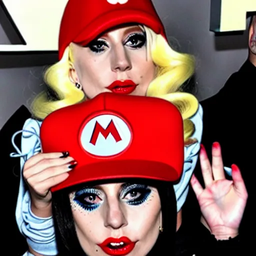 Image similar to lady gaga wearing a super mario hat