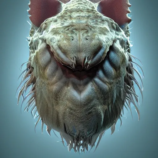 Image similar to a photo of a head animal morphing creature, gills morph scales merged in fur skin, wrinkled hairy muscles skin, veins merged feet head, normal map, displacement map, distorted animal head face eyes arms tail, reflection map,