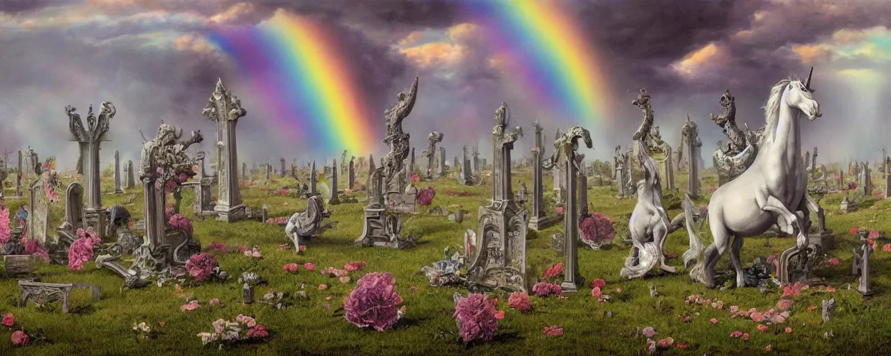 Image similar to a beautiful detailed mate painting of unicorns dancing under a rainbow on a graveyard'by wayne barlowe, existential horror, trending on cgsociety artstation, highly detailed, 8 k, masterpiece, super resolution.