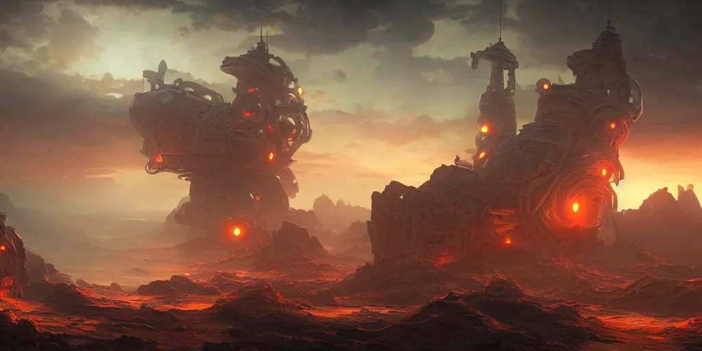 Prompt: futuristic steampunk giant starship, surrounded by eroded rocks, by Andreas Rocha, stunning volumetric lighting, sundown, trending on Artstation, 8k, photorealistic, hyper detailed, unreal engine 5, cinematic, epic lighting, cryengine, octane render, cyberpunk, red and orange glow