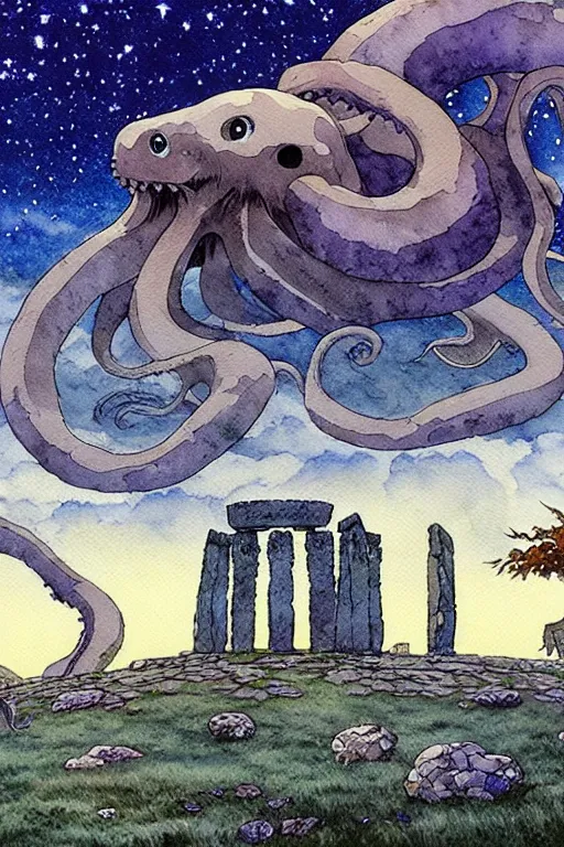 Image similar to a hyperrealist studio ghibli watercolor fantasy concept art. in the foreground is a giant grey octopus building and putting stones in to place on top of stonehenge with a starry sky. by rebecca guay, michael kaluta, charles vess