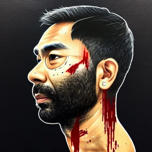 Image similar to side profile of a brown asian man :: side profile :: oxygen mask :: blood and ocean intricate details :: 8k :: by vikings and Sandra Chevrier