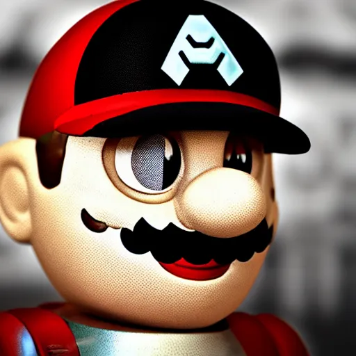 Prompt: Photo of cyborg Mario at a job interview. 4k. Detailed. Realistic. Dystopian corporation.