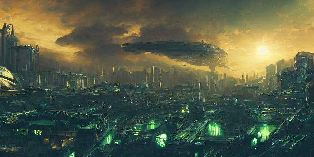 Prompt: wide panorama landscape, industrial alien crashed spaceship in a cyberpunk alley cityscape with blue and green lights, early dusk golden and orange hues, highly detailed, dramatic lighting, volumetric lighting, style of Raphael Lacoste, grandfailure, Tithi Luadthong