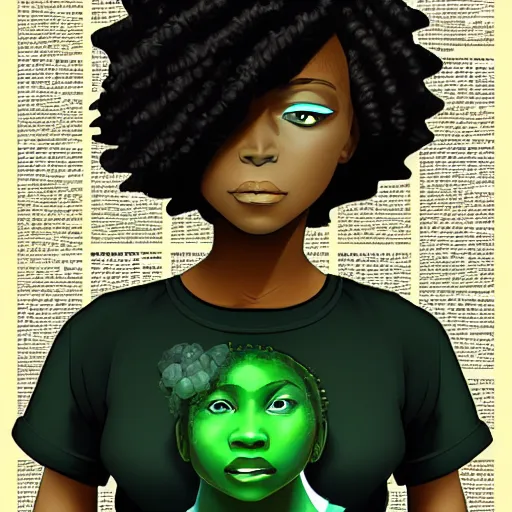 Image similar to portrait of black woman wearing a green t shirt studio ghibli, deviantart, medium shot, symmetrical, intricate, elegant, matte painting, illustration, newspaper