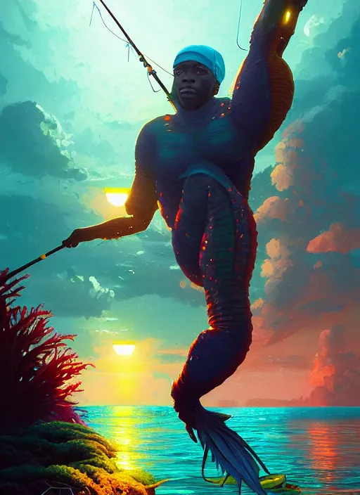 Image similar to portrait of a jamaican fisherman sci - fi glowing fishing armor jamaican colors muscular cyberpunk intricate elegant highly detailed digital painting artstation concept art, ocean fish background, greg rutkowski, loish, rhads, ferdinand knab, makoto shinkai and lois van baarle, ilya kuvshinov, rossdraws, tom bagshaw