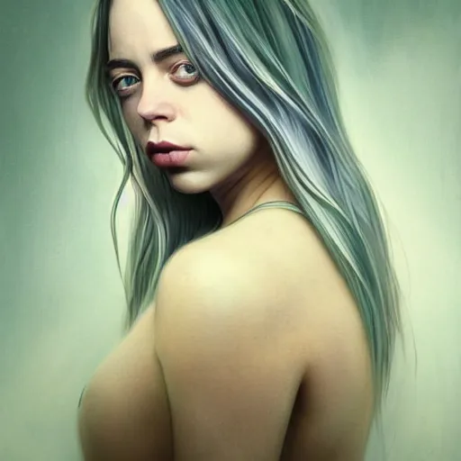 Image similar to billie eilish Perfectly-centered full body portrait-photograph of a real life god from heaven, lifelike, super highly detailed, professional digital painting, artstation, concept art, Unreal Engine 5, Photorealism, HD quality, 8k resolution, cinema 4d, 3D, beautiful, cinematic, art by artgerm and greg rutkowski and alphonse mucha and loish and WLOP