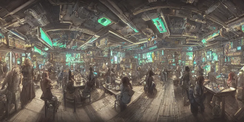 Image similar to Highly detailed realistic photo of interior design in style of minimalism by Hiromasa Ogura and Josan Gonzalez of detailed cyberpunk tavern with stone walls and neon lights, a lot of electronics and people, many details. Natural white sunlight from the transperient roof. Panorama on 360 degrees Rendered in 32K in VRAY and DaVinci Resolve and MAXWELL and LUMION 3D, Volumetric natural light