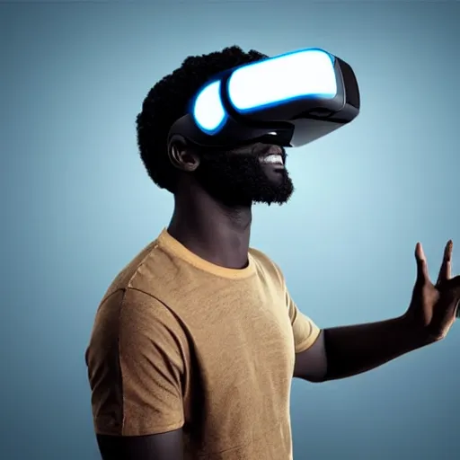 Image similar to dark skinned man wearing futuristic vr headset neon lights ambient light unity game ultra - realistic