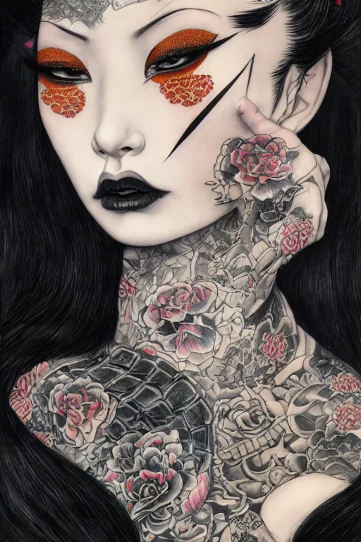 Image similar to portrait of goth yakuza girl with tattoo, highly detailed, artstation, illustration, art by Gustav Klimt