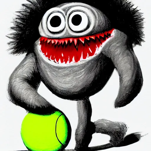 Image similar to a tennis ball monster ,tennis ball, volcano, chalk, digital art, fantasy, magic, trending on artstation, ultra detailed, professional illustration by Basil Gogos