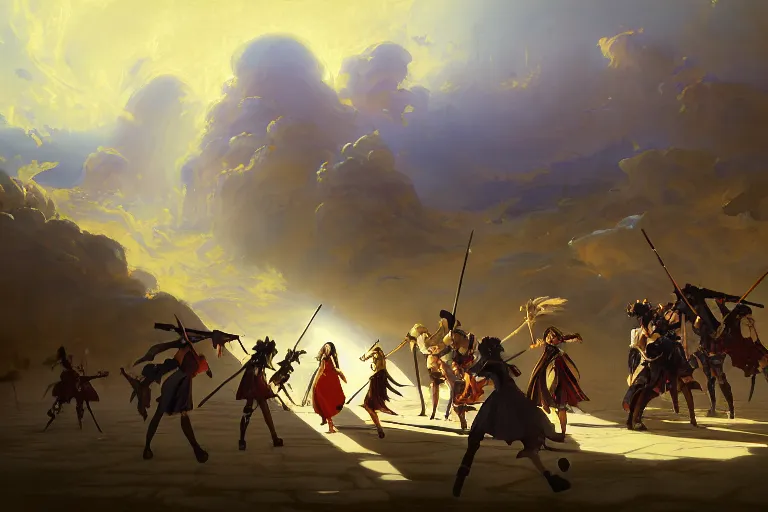 Image similar to baroque oil painting of key visual environment concept art of anime maids fighting a crusade in jerusalem, brutalist, dark fantasy, rule of thirds golden ratio, fake detail, trending pixiv fanbox, acrylic palette knife, style of makoto shinkai studio ghibli genshin impact jamie wyeth james gilleard greg rutkowski chiho aoshima