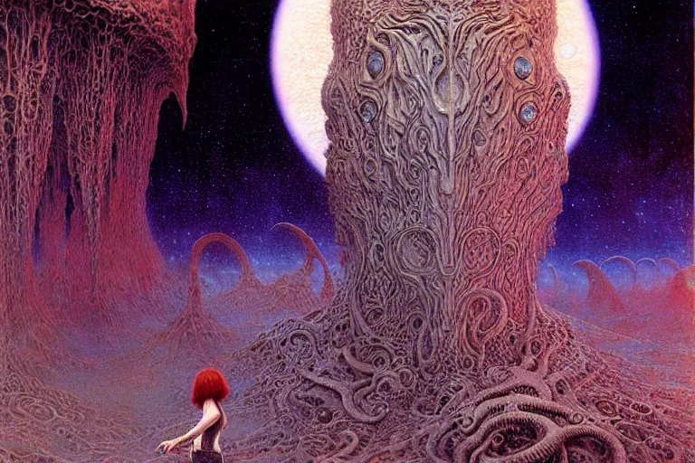 Image similar to cute young alyson hannigan with short hairs on lovecraftian planet by jean delville by luis royo and wayne barlowe, beksinski