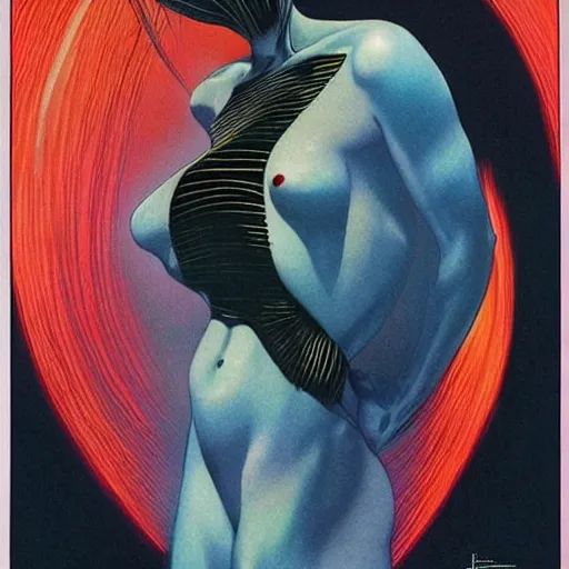 Prompt: dark blue haired woman, fair skinned, mœbius, jean henri gaston giraud, psychedelic, surrealism, dramatic lighting, sci - fi, aliens, beautiful, feminine, dangerous