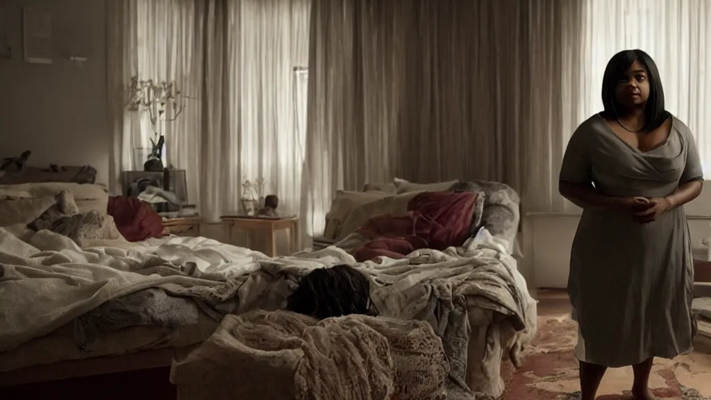 Prompt: stunning screenshot of Octavia Spencer alone in her studio apartment, moody, sad scene from the movie PT Anderson, she is plugged into the virtual world at night, art house, award winning film, portrait, 3D rendered lighting, stunning cinematography by Hoyte van Hoytema
