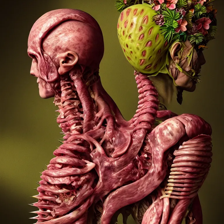 Image similar to portrait of faceless warrior, surrounded by pastel tropical flowers, tropical fruit, human spine, rotten meat flesh with colorful mold, muscle tissue, spikes, baroque painting, beautiful detailed intricate insanely detailed octane render, 8K artistic photography, photorealistic, chiaroscuro, Raphael, Caravaggio, H.R.Giger