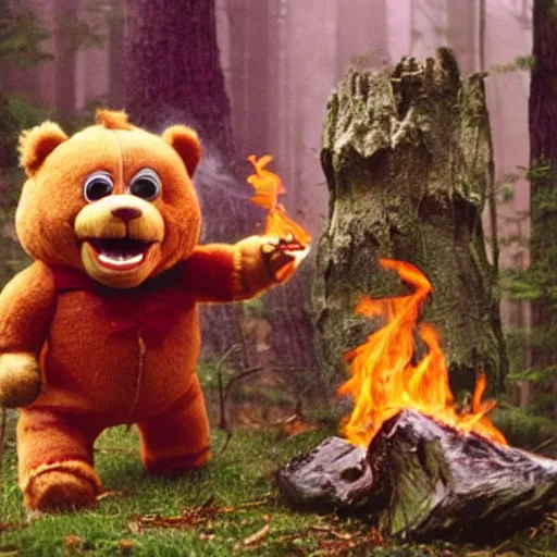 Image similar to candid photo of Teddy Ruxpin in the woods, playing with fire as Smokey The Bear burns one by Annie Leibowitz, photorealisitc, extremely detailed