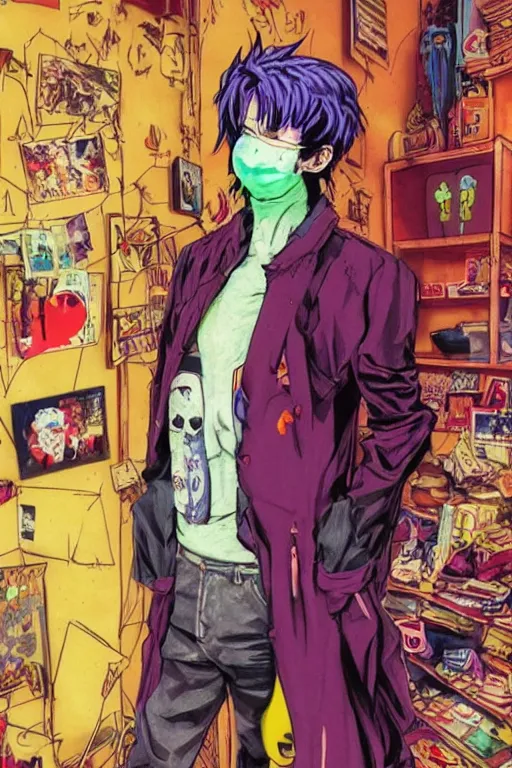 Image similar to a skinny goth guy wearing a face mask standing in a cluttered 9 0 s bedroom, full body character concept art, vaporwave colors, hirohiko araki art, inio asano art,