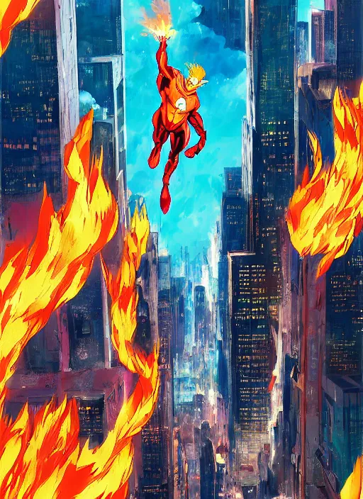 Image similar to anime key visual concept art of marvel human torch, flying above new york city background, by ashley wood, yoji shinkawa, jamie hewlett, 6 0's french movie poster, french impressionism, vivid colors, palette knife and brush strokes, style of makoto shinkai and greg rutkowski, fish eye lens