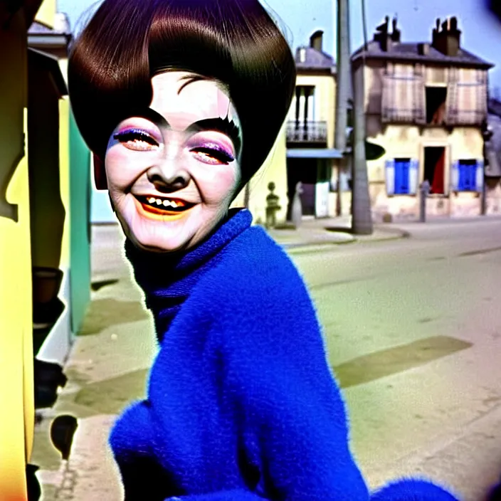 Prompt: ultra quality and ultra details, ultra great 1960s French color cinematography, ultra brilliant everything painting of a Ultra great portrait of a sarcastic yé-yé chanteuse with ultra great facial features, ultra greatly styled thick eyebrows, dark shadows under tired eyes, friendly bright eyes, sweater and shorts, laughing at the viewer, stylistically like old French youth movies from the 1960s, softly shadowed, enjoyable, with quality provio, student art project 1986.