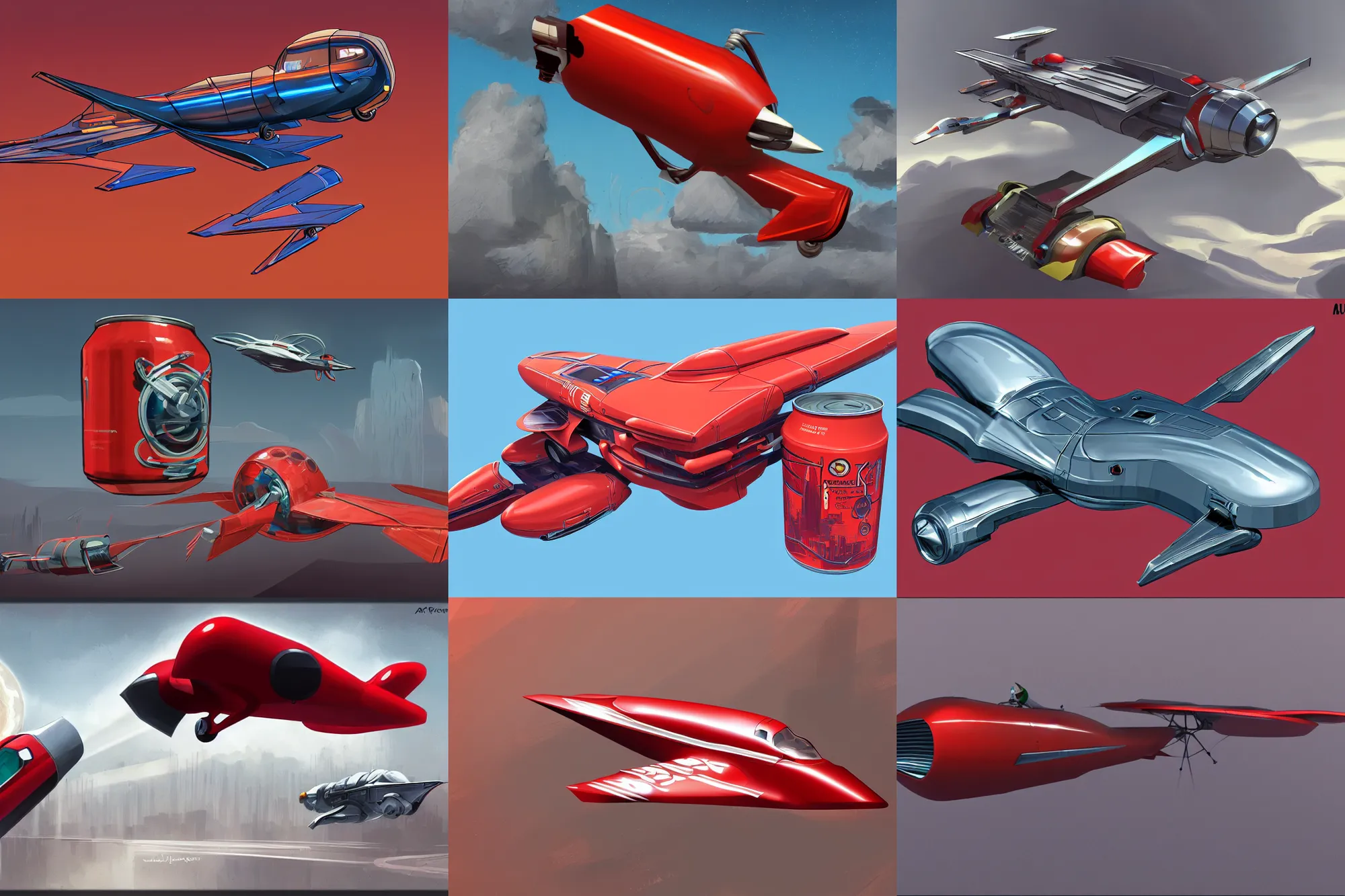 Prompt: a concept art of a retro futurist flying vehicle in a shape of a red can, artstation