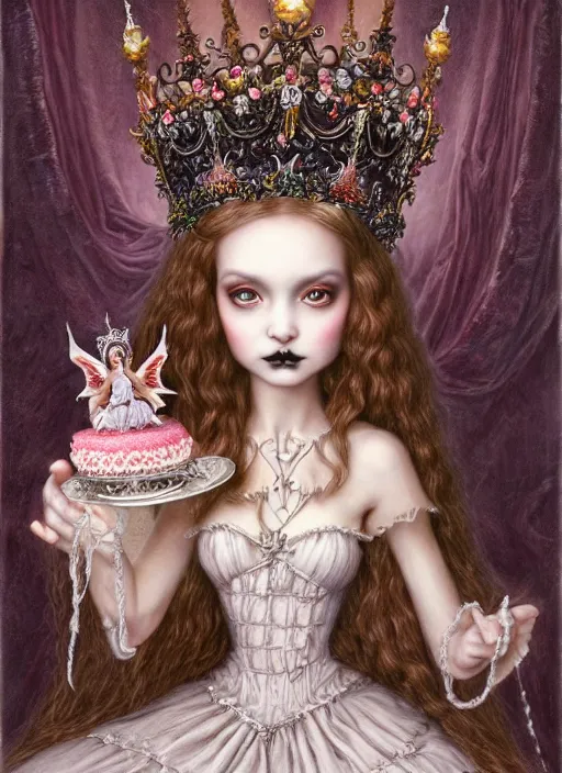 Prompt: highly detailed closeup, portrait of a gothic fairy princess wearing a crown and sitting on a throne eating cakes, unreal engine, nicoletta ceccoli, mark ryden, earl norem, lostfish, global illumination, detailed and intricate environment