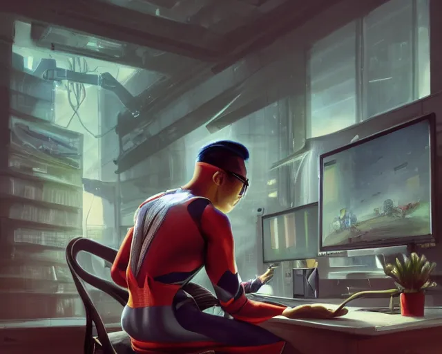 Image similar to an insanely detailed painting of a nerdy asian man wearing a superhero costume, sitting at a desk, staring at the nervously at the computer and typing, in the style of peter mohrbacher, dramatic lighting and composition, octane render, pixar, trending on artstation, concept art, comic book, view from behind