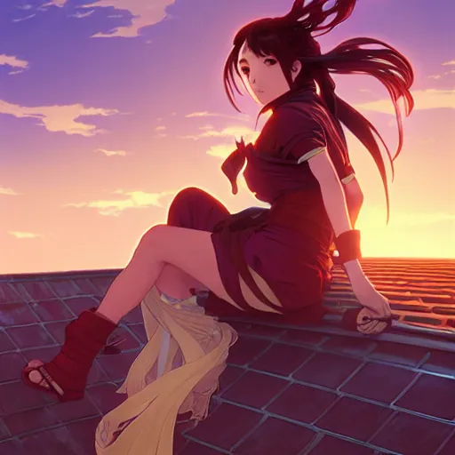 Image similar to digital anime art in the style of arcane, beautiful gorgeous female shinobi sitting on an old oriental roof at sunset, wlop, alphonse mucha, greg rutkowski, ilya kuvshinov, backlit