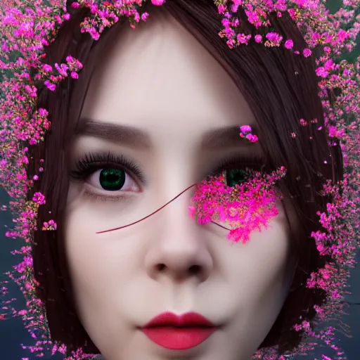 Prompt: glitch art portrait of a pretty lady. sakura cherry blossom girl selfie trending on artstation. beautiful girl rendered using voxel technology