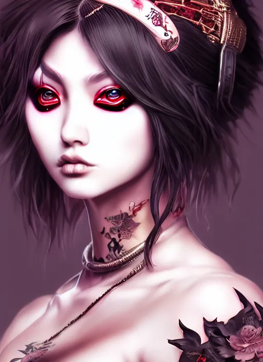 Image similar to soft lustrous ebony geisha seductive yakuza gothic gutter punk, urban decay dark fantasy, dark art, highly detailed, digital painting, octane render, artstation, concept art, smooth, sharp focus, illustration, art by artgerm, loish, wlop