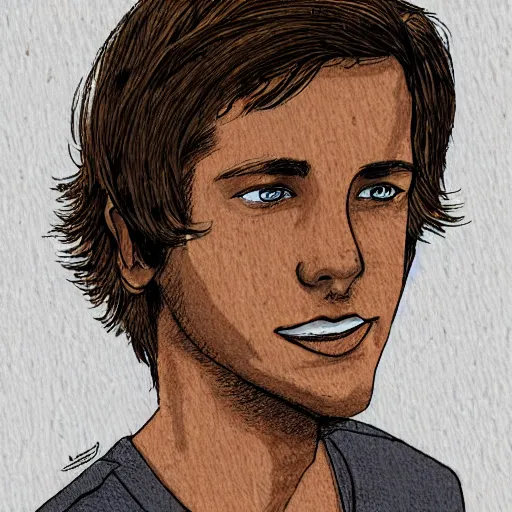 Prompt: a head - on comic - style portrait of a 2 0 - something engineering student, brown messy hair, by laurie greasly