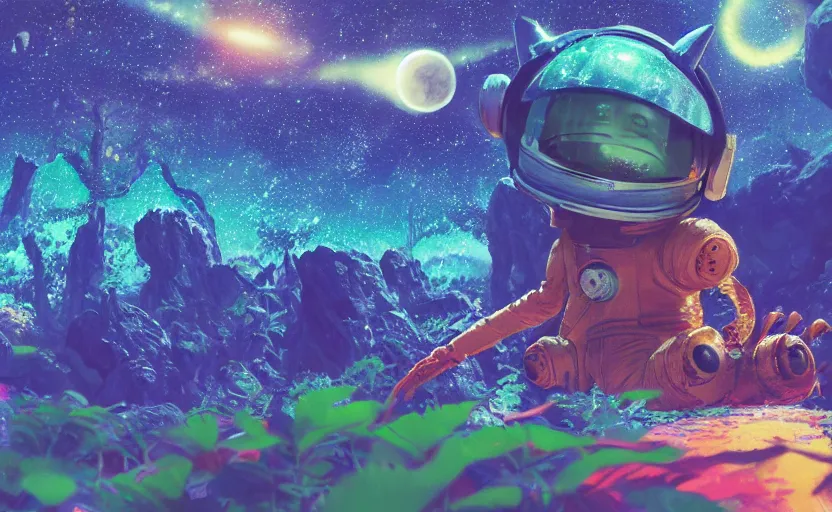 Image similar to a still of a cute adorable tiny astronaut, on a planet of lush colorful foliage, with an enormous kaiju dragon surrounding the full background, magical forest, sharp focus, neon backlit, highly detailed, disney pixar studio ghibli makoto shinkai, digital painting, matte, octane render, global illumination, iridescent, anime, 8 k concept art