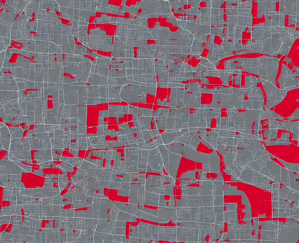 Image similar to Vector Taupe on DarkGrey Streets Satellite Map, showing the location of every house with a red icon, vector graphics, 8k