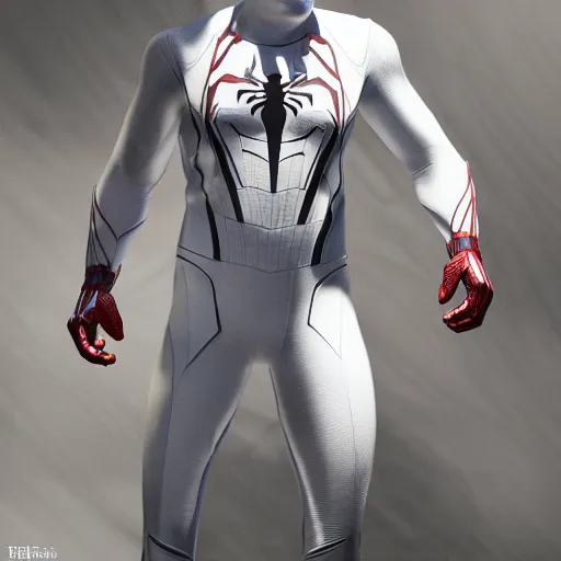 Image similar to white spider - man suit with black web lining, cinematic, volumetric lighting, realistic, hyperdetailed, photorealistic, photograph