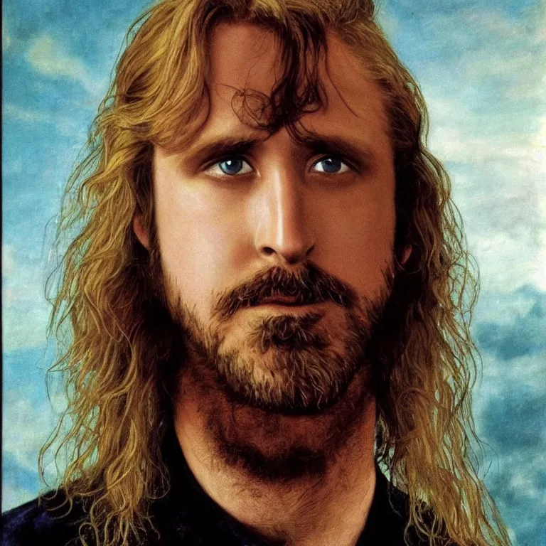 Image similar to Pre-Raphaelite portrait of actor, Ryan Gosling as the leader of a cult 1980s heavy metal band, with very long blond hair and grey eyes, high saturation