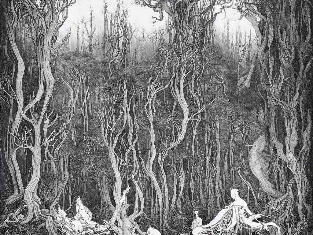 Image similar to ancient forest, artstation, by aubrey beardsley, by caspar david friedrich, by laurie lipton, by kay nielsen, by ivan shishkin, calligraphy, divine, spiritual, paradox, mysterious!, atmospheric, surreal, terrifying, witchcraft!, hope, mountains! background