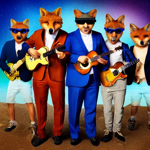 Prompt: music album cover, with foxes animals dressed in suits and sunglasses, holding guitars, on a beach, all looking at camera, studio lighting, 8 5 mm f / 1. 4