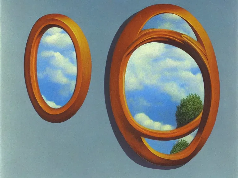 Image similar to mirrors, painting by rene magritte, high detail, high resolution
