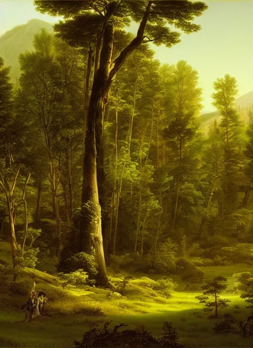 Image similar to a meadow clearing with extremely thin tall trees, spirit of the forest dwells, magically dense, calm serene atmosphere, by asher brown durand, by yoshitaka amano