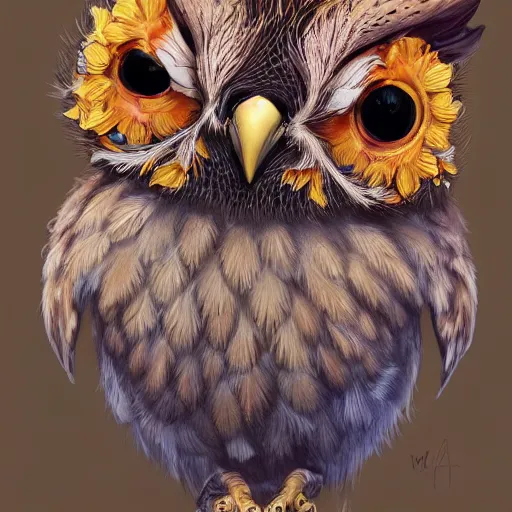 Prompt: medium close - up shot of a very cute and relaxed highly floral ornamented owl chick, by esao andrews, by m. w. kaluta, by yoshita amano, volumetric light, rich colors, natural lighting, very humorous!!!, smooth, depth perception, 4 k, unreal engine 5, artstation