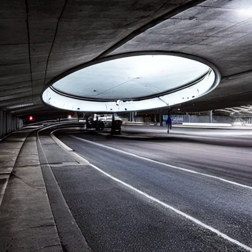 Prompt: a UFO parked under a freeway underpass
