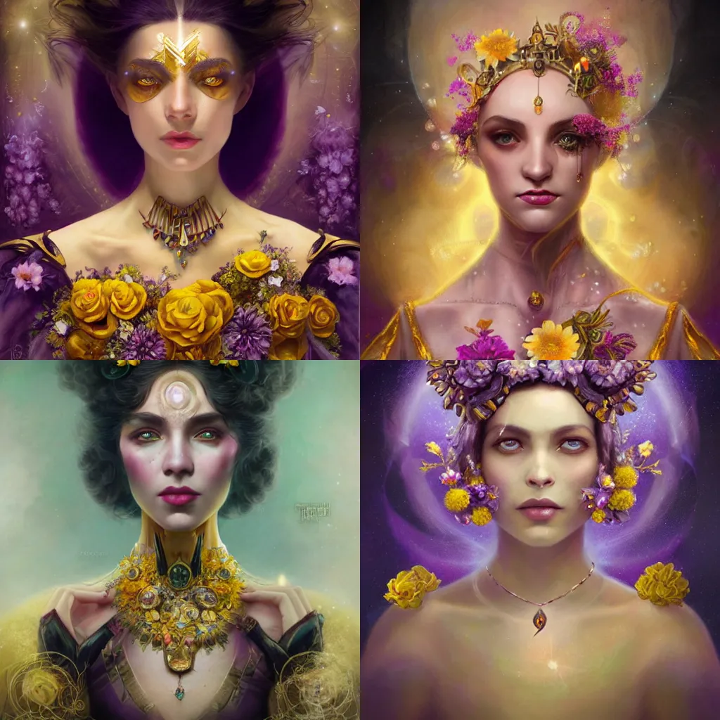 Prompt: realistic character concept of the empress with lots of jewelry and yellow and purple flowers in the face, elegant pose, scifi, illustration, symmetrical face and body, inspirate by charlie bowater, tom bagshaw, insanely detailed and intricate, dark fractal background, vfx, art deco, postprocessing