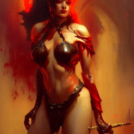 Image similar to very attractive demon queen with red eyes painting by gaston bussiere, craig mullins, luis rollo, torso portrait, digital painting, highly detailed, artstation, sharp focus, illustration, concept art, hd