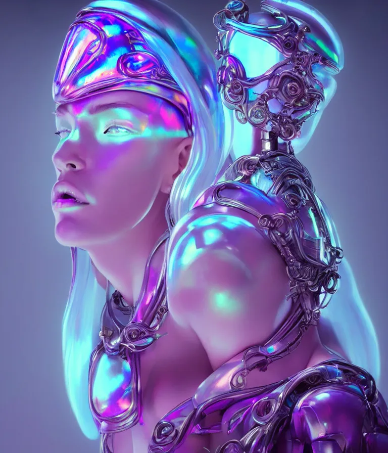 Image similar to iridescent portrait of a beautiful princess in robe. hard surface modelling. cyberpunk look. biomechanical mask. bio luminescent biomechanical halo around head. neon jellyfish. artwork by jarold Sng by artgerm, by Eddie Mendoza, by Peter mohrbacher by tooth wu, unreal engine, octane render, cinematic light, high details, iridescent colors, dichroic, macro, 4l