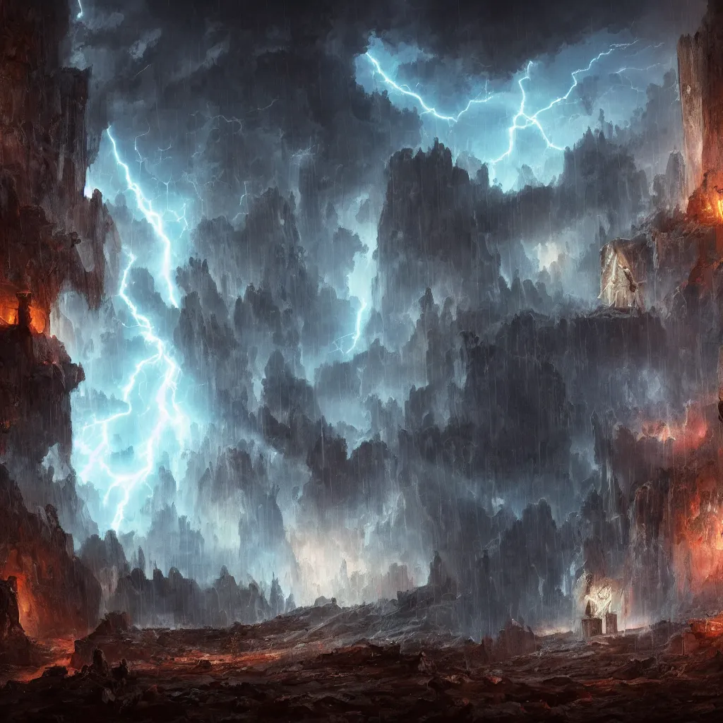 Image similar to a still of a cloaked figure standing in the ruins of crux prime, monastery, there is lightning, blue fiery maelstrom in the distance, it is raining, digital art, artstationhq