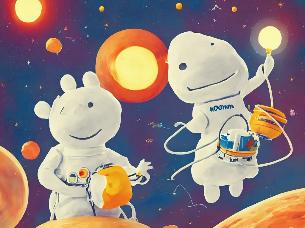 Image similar to moomins in a space suit, looking cute, photoreastic illustration, warm colors, fluffy, cozy, hyperrealistic, low light, volumetric light, smooth, trending on artstation