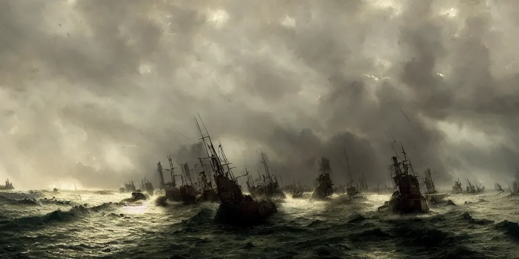Prompt: Hyper realistic oil painting of a medieval fleet being sunk, stormy weather, dark clouds, fog, moody cinematic lighting, atmospheric, dark, by Greg Rutkowski, trending on artstation