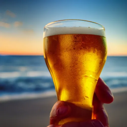 Image similar to a happy crab holding a beer in a beach, golden hour, bokeh, 4k