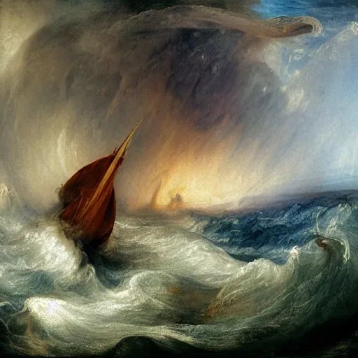 Prompt: giant rainbow - colored octopus thrashing about in a stormy ocean, by jmw turner